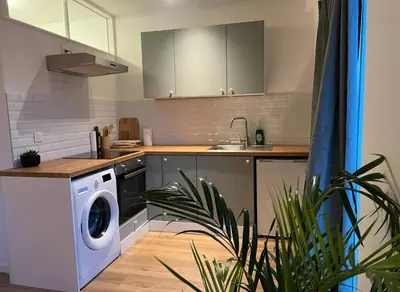 a kitchen with a white washing machine in a kitchen at Beautiful and Cosy Flat in Etterbeek in Brussels