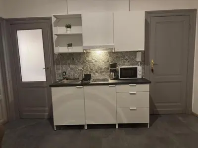 a kitchen with white cabinets and a microwave at La Perla Appartements Louise in Brussels