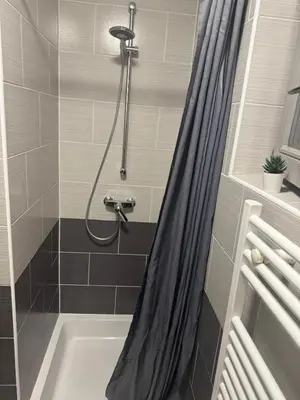 a bathroom with a shower with a shower curtain at La Perla Appartements Louise in Brussels
