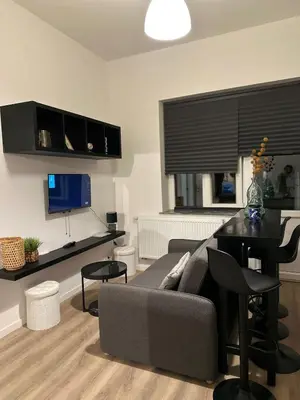 a living room with a couch and a table at A little love nest in Brussels