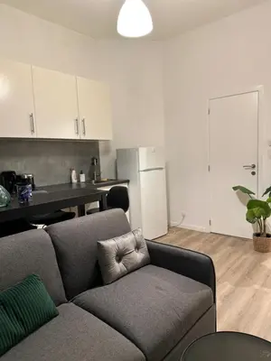 a living room with a couch and a kitchen at A little love nest in Brussels