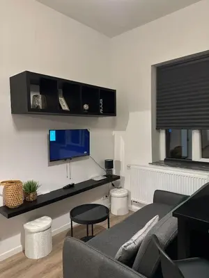 a living room with a couch and a flat screen tv at A little love nest in Brussels