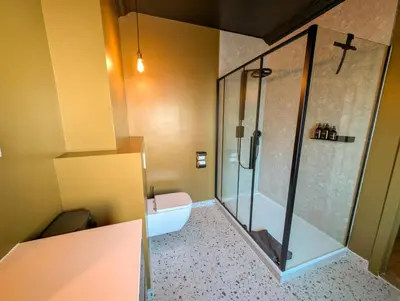 a bathroom with a shower and a toilet at Porta Superia Boutique B&B in Mechelen