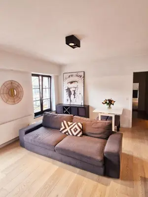 a living room with a large couch in a room at Petit cocon au centre de waterloo in Waterloo