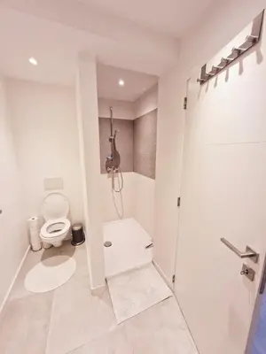a white bathroom with a toilet and a shower at Petit cocon au centre de waterloo in Waterloo