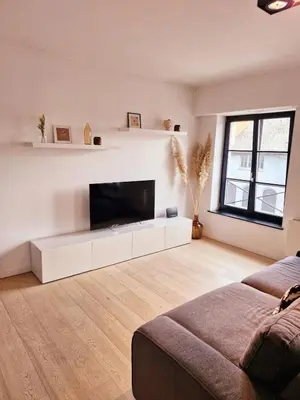 a living room with a large tv and a couch at Petit cocon au centre de waterloo in Waterloo