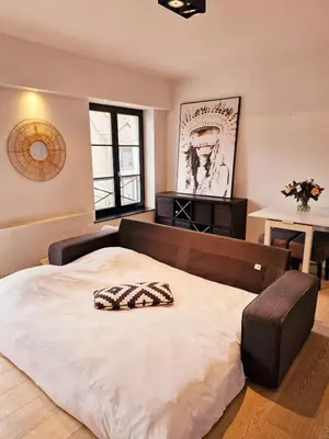 a bedroom with a large bed with a pillow on it at Petit cocon au centre de waterloo in Waterloo