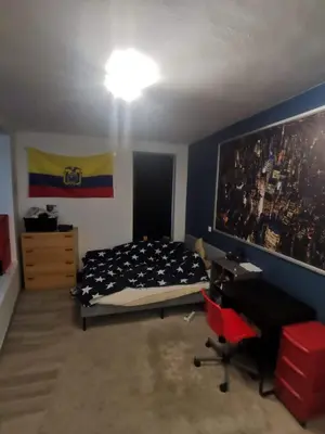 a bedroom with a bed and a desk and a flag at collocation en metro erasme in Brussels
