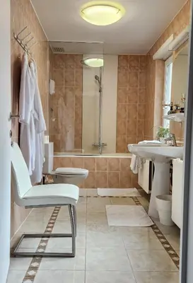 a bathroom with a tub and a sink and a shower at Albert 2 - Basic Room in Mechelen