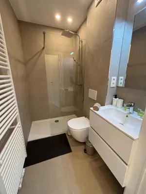 a bathroom with a shower and a toilet and a sink at Luxury 1 Bedroom Apartment with Sofa Bed & Balconies Prime Location near ING Arena, Expo 12 & Atomium in Wemmel