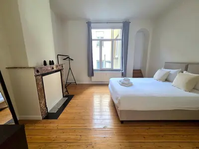 a bedroom with a large bed and a fireplace at La Suite Eleonore in Brussels