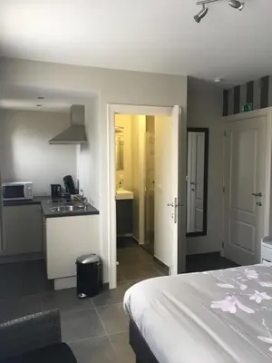 a kitchen and a bedroom with a bed and a counter at Guesthouse De Middelvelden in Arendonk