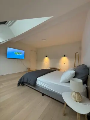 a bedroom with a large bed and a flat screen tv at The Gallery Saint-Gilles in Brussels