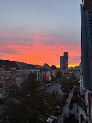 a view of a city at sunset at Cosy 2-Room Apartment for 4 Guests near Gent Sint-Pieters Station, and Close to the City Centre in Ghent