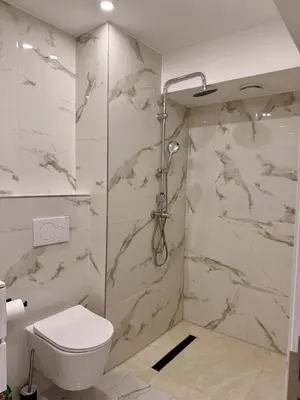 a bathroom with a shower and a toilet at Skyline Duplex Brussels Parking Fibre Modernité in Brussels