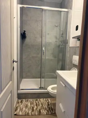 a bathroom with a shower with a toilet and a sink at littoral in Brussels