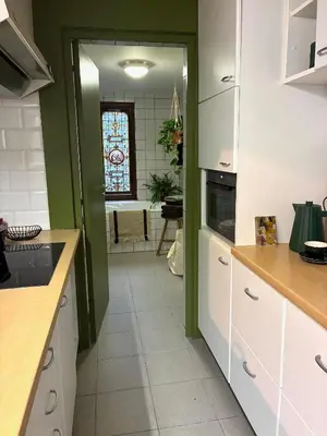 a kitchen with white cabinets and a green wall at Cozy house in Olmen in Balen