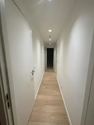 a hallway with white walls and a wooden floor at Refined apartment with terraces in Brussels