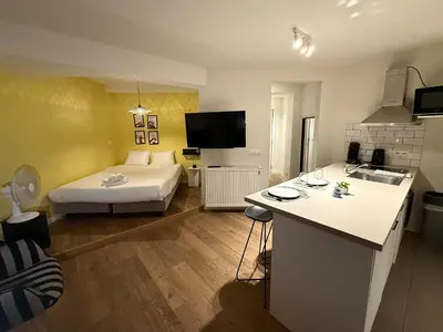 a hotel room with a bed and a kitchen with a counter at Studio 204 cosy au centre de Bruxelles in Brussels