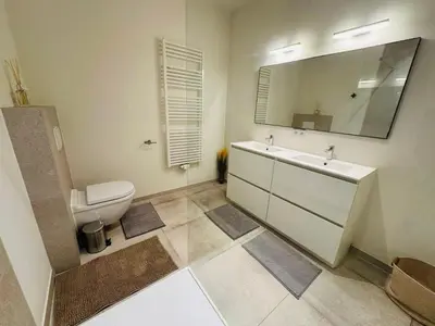 a bathroom with a toilet and a sink and a mirror at The Central Experience - 2 BR, Bright, Spacious & Central in Brussels