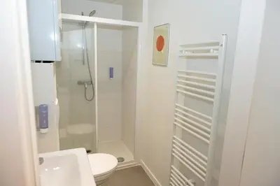 a white bathroom with a shower and a toilet at Studio 1 Cosy Avenue Louise in Brussels