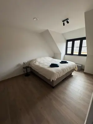 a bedroom with a large bed in a attic at Maison frère in Berlare