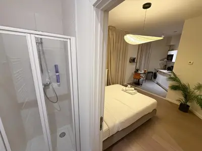 a bathroom with a shower and a bed in a room at Studio 402 Avenue Louise in Brussels