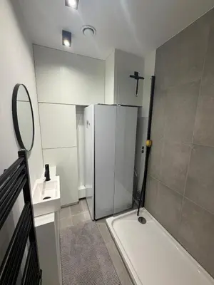 a bathroom with a white refrigerator and a mirror at Luxury Apartment Antwerp Port Moerbeke 2 in Lokeren