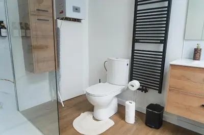 a bathroom with a toilet and a glass shower at Lovely 1BR & 1LR Apartment, Only 15 Min Walk to City Center in Ghent
