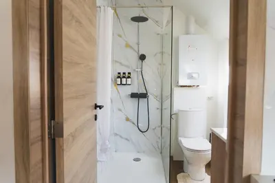 a bathroom with a shower and a toilet at Cozy 1BR & Living Room Apartment, Just 15 Minutes to Downtown in Ghent