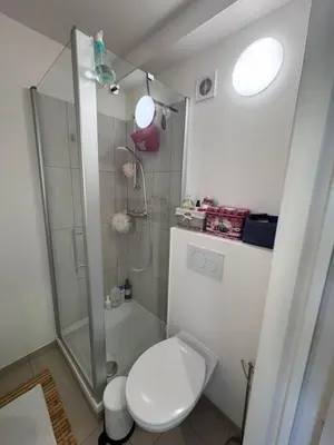 a white bathroom with a shower and a toilet at Studio Blueberry in Brussels