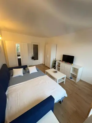a bedroom with a large bed and a television at Studio Blueberry in Brussels