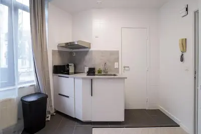 a white kitchen with a sink and a counter at Cinquantenaire 1 in Brussels