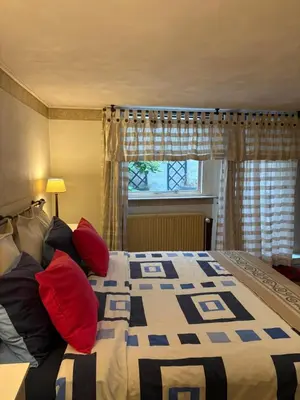 a bedroom with a bed with red pillows and a window at Charming apartment in Antwerp in Antwerp