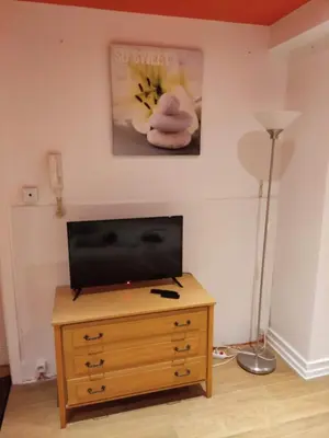 a flat screen tv sitting on top of a wooden dresser at Modern half-basement 1BR near Montgomery & VUB in Brussels