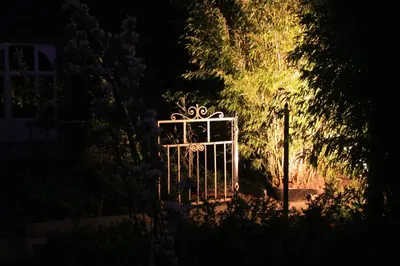 a gate in the middle of a garden at night at Casa Lucinda in Ghent