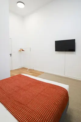 a white room with a bed with a red rug at Appartment St guidon 1 in Brussels