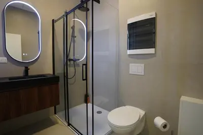 a bathroom with a shower and a toilet and a sink at Appartment St guidon 1 in Brussels