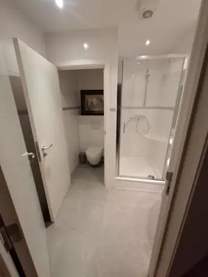 a bathroom with a shower and a toilet at Brussels' Premier Parkside Residence in Brussels