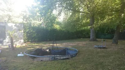 a blue tub in a yard with a tree at Beach House in Brasschaat