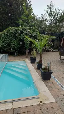 a blue swimming pool with potted plants in a yard at Beach House in Brasschaat