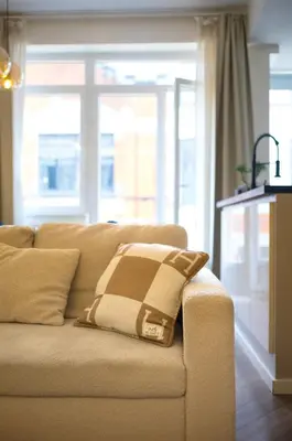 a pillow sitting on a couch in a living room at Brussels South - Cosy Appartment in Brussels