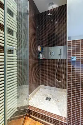 a bathroom with a shower with a glass door at Luxury Deluxe Garden Condo in Brussels Centre in Brussels