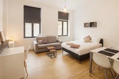 a living room with a bed and a couch at Toison d'Or Apartment in Brussels