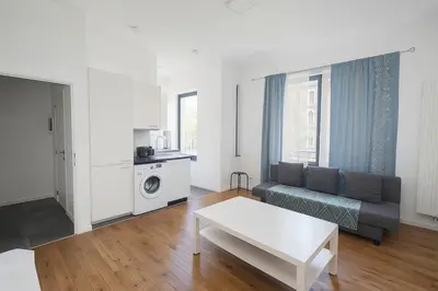 a living room with a couch and a table at Cozy Brabanconne apartment in Brussels