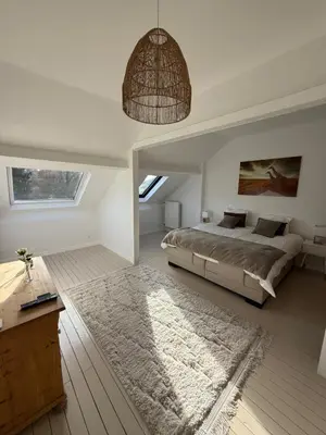 a bedroom with a large bed and a rug at Maison d'hôte Yourehome 2 belles chambres à louer individuellement dans un écrin de verdure in La Hulpe