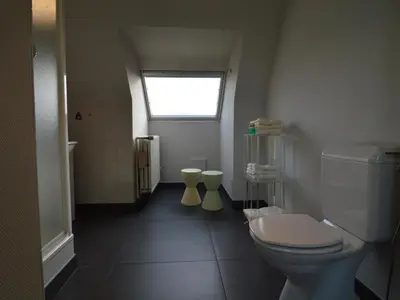 a bathroom with a toilet and a window at Splendid villa in Flemish Ardennes with pool in Wolvenhoek