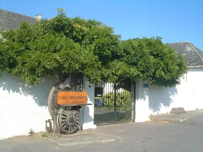 a tree with aokedoked wheel in front of a gate at Splendid villa in Flemish Ardennes with pool in Wolvenhoek