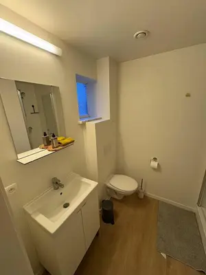 a white bathroom with a sink and a toilet at Briefstreet - Louvain in Leuven