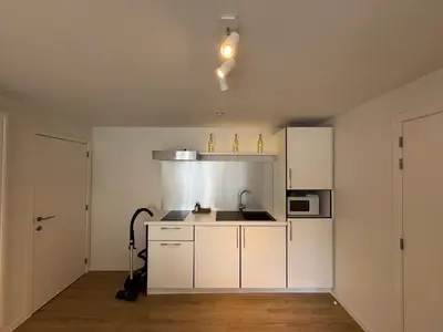 an empty kitchen with white cabinets and a microwave at Briefstreet - Louvain in Leuven